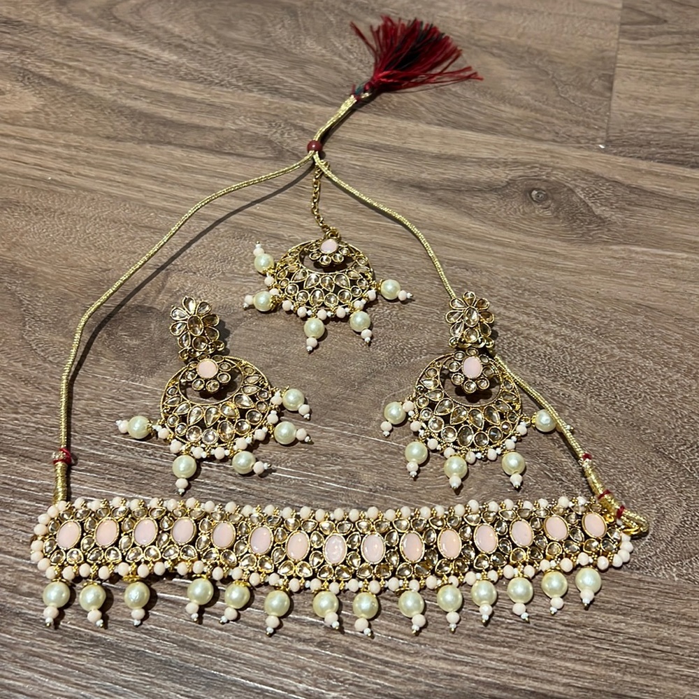Pink and Gold with Small Pearls Indian Wedding Choker Earrings Tikka Jewelry Set